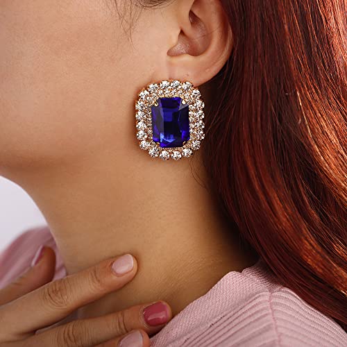 Denifery Square Crystal Earrings Rhinestone Stud Earrings Sparkling Crystal Stud Dangle Drop Earrings For Women Bling Stud Earrings For Prom Wedding (Blue) #TOP1