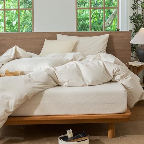 Image of MooMee Striped Duvet Cover Set 100% Washed Cotton Linen Like Twin | Relaxed Linen-like Texture. Soft, Breathable & Long-lasting Comfort. Lightweight. Hidden Zipper with 8 Interior Corner Ties