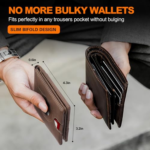 Image of Wallet for Men Slim RFID Blocking Bifold Carbon Fiber,Minimalist Small Compact Front Pocket Credit Card Holder,Thin Mens Leather Wallets Smart Security With 2 ID windows 1 Cash (Dark Brown)