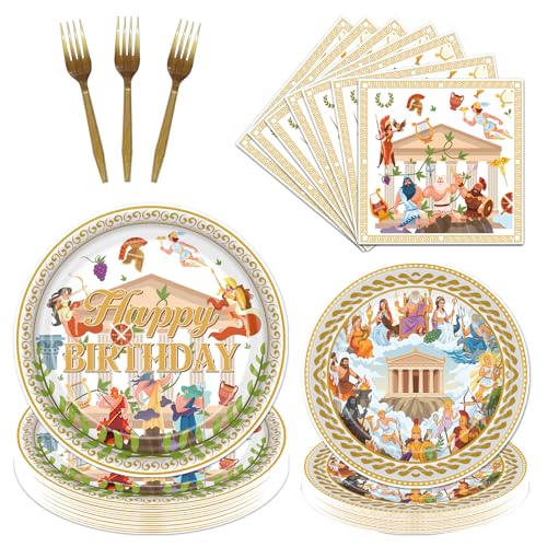 Gameza Greek Mythology Birthday Tableware Decor, 96PCS Greek Disposable Paper Plates and Napkins Party Decorations, Ancient Greece Goddess Forks Themed Decor Serves 24