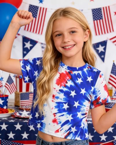 Image of DDSOL Girls July 4th Crop Tops Patriotic Shirt Short Sleeve Tshirts