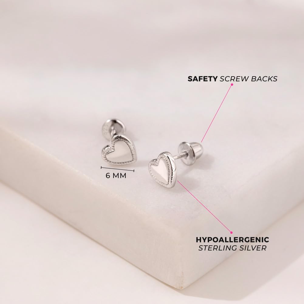 925 Sterling Silver Classic 6mm Lovely Heart Shaped Screw Back Earrings, Loveable Girl's Earrings, Playful and Formal Days - Dainty and Cute for Babies, Toddlers & Young Girls