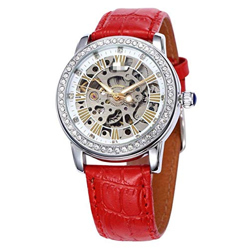 Preisvergleich Produktbild Automatische Damenuhren Selbstaufzug Skelettuhren Für Damen wasserdichte Mechanische Strassuhren Leder 25cm rot