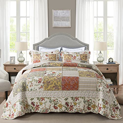 NEWLAKE Baumwoll-Patchwork-Tagesdecke, 3-teiliges Bettwäsche-Set mit echter genähter Stickerei, wendbares Matelasse-Bettbezug-Set, florales Paisley-Gitter mit Spitze, Queen-Size Cover