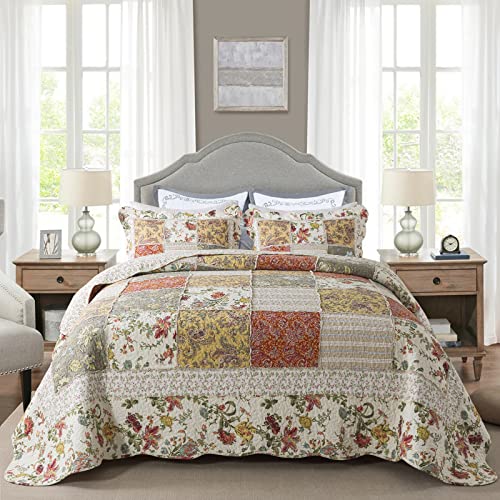 NEWLAKE Cotton Patchwork Bedspread, 3-Piece Bedding Quilt Set with Real