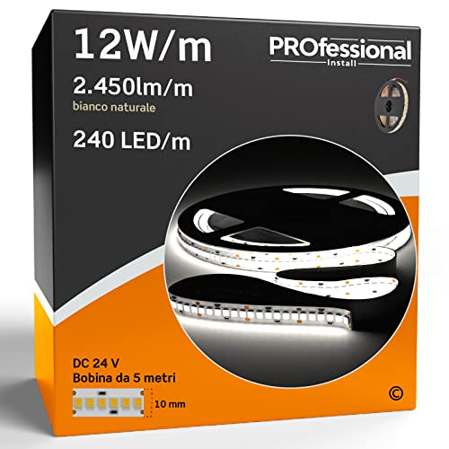 Eurocali Striscia LED 5 metri Professionale 24V 60W 12 W/mt - Striscia Monocolore da 1200 LED 240 LED/mt e 12250 Lumen 2450 Lm/mt 204 lm/W - Luce Bianco Naturale 4000K