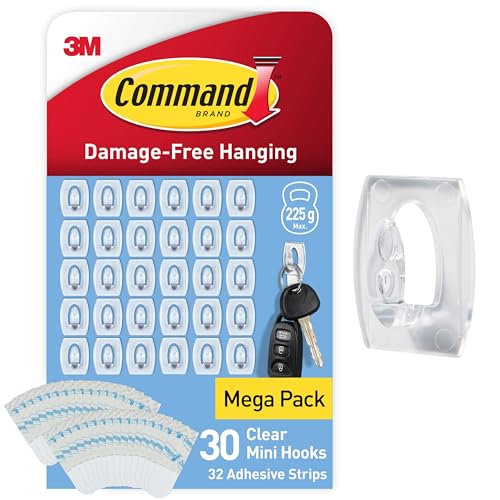 Command Clear Mini Hooks with Clear Strips, Multi Pack of 30 Hooks, 32 Adhesive Strips - Indoor Use - Suitable for Hanging Items up to 225g - Damage Free Hanging