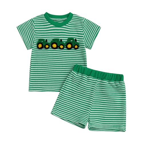 Image of VISGOGO Baby Boy Girls Toddler Summer Outfit Striped T-shirt Toddler Boy Summer Clothes Short Set (Green Tractor Embroidery, 6-12 Months)