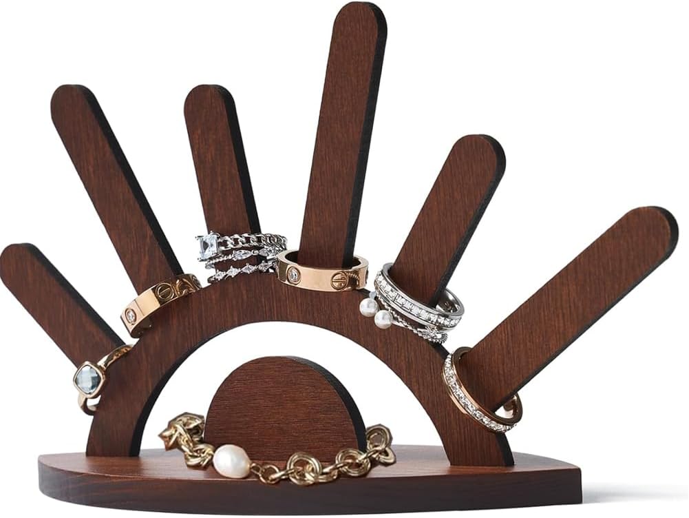 Evil Eye Ring Holder Stand, Wooden Ring Display with 6 Finger Posts for Jewelry Organization, Home Decor Gift for Women, Countertop Vanity Decor