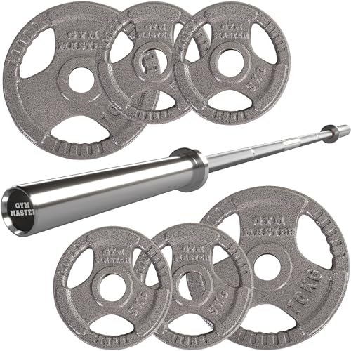 GYM MASTER Olympic 6ft Barbell Bundle with 40kg Tri Grip Cast Iron Weight Set (7 Items)