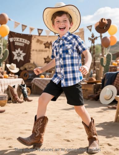 Image of COSLAND Boy's Toddler Cotton Western Short Sleeve Button Down Plaid Shirt, 4-14 Years