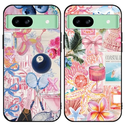Zrutru 2 Pack Cartoon Collage Phone Case for Google Pixel 8a Only for 5G 6.1',Cute Kawaii Bow Floral Beach Ocean Pattern Cases Aesthetic Design,Bumper Protective Cover for Girls Women