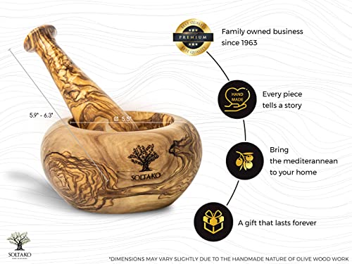 Soltako Mortar And Pestle Set, Olive Wood Mortar And Pestle, Sturdy & Durable, Perfect For Spice, Pepper, Seeds, Sauces, Ø Diameter 5.5″, Height 3″, Pestle: 5.9″ #TOP1