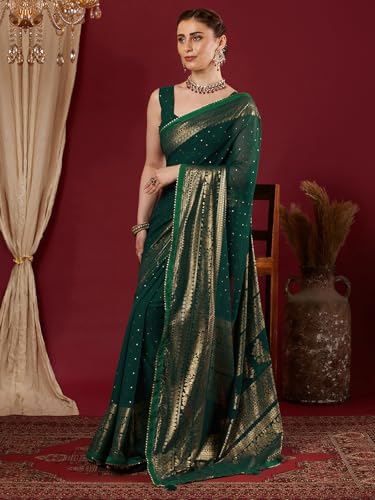 Image of SAMAH Women's Georgette Foil Printed Lace Work Saree with Unstitched Blouse Piece