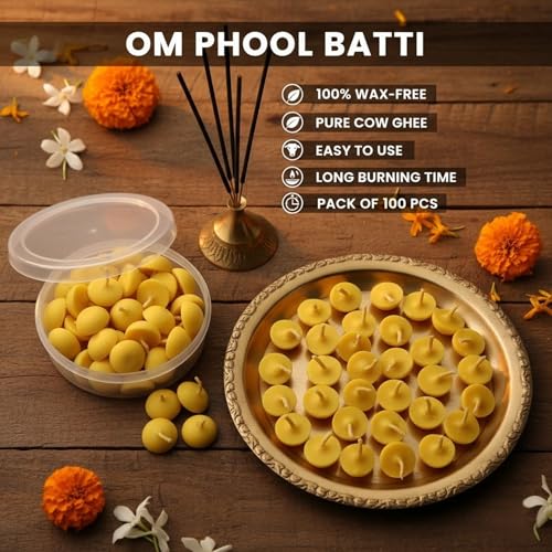 Image of Om Phool Batti Readymade Pure Cow Ghee Diya Cotton Wicks for Pooja -100 Pcs