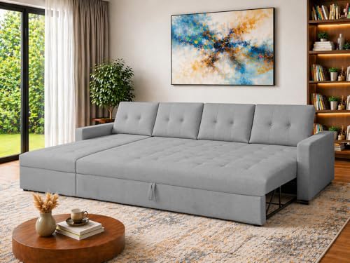 Image of Emilio 6 Seater LHS L - Shape Pull-Out Sofa Cum Bed Sofa for Living Room (Dark Grey Fabric Color) Premium Fabric Sofa Set for Living Room Sofa Cum Bed