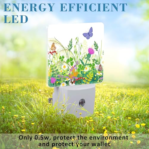 Image of Summer Meadow Plants and Insects Night Light Plug into Wall with Dusk to Dawn Sensor Cute Nightlight for Kid Girls Boys Women Men Room Decor, Hallway, Kitchen, Bathroom, Nursery, Stairs