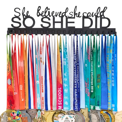 Goutoports Medal Holder Display Hanger Rack Frame for Sport Race Runner - She Believed She Could - Sturdy Black Steel Metal Over 60 Medals Easy to Install