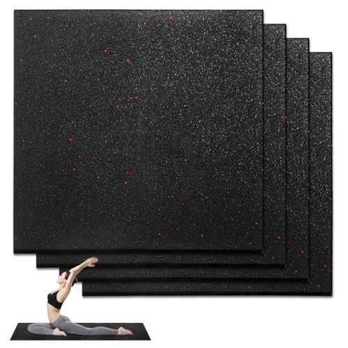 Gym Mat Flooring Heavy Duty Rubber Mat 15MM Thickness Exercise Mats Premium Slip-Resistant, Shock Absorbent, Solid Rubber Matting for Gymnastic, Sports & Fitness (Black + Red Dots, 50CM x 50CM, 4)
