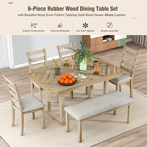 6 Piece Kitchen Dining Table Set, Rubber Wood Rectangular Dining Table With Upholstered Bench And 4 Chairs, 60In Dining Set For Home, Kitchen, Dining Room(Natural, Cushions) #TOP3