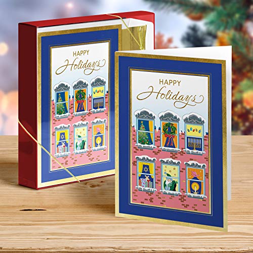 Designer Greetings Interfaith Boxed Christmas Cards, Apartment Windows With Christmas And Hanukkah Holiday Symbols (Box Of 18 Gold Foil Embossed Cards With Envelopes) #TOP6