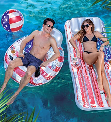 Poza Usa Flag Inflatable Luxury Tube With Back Rest - Big Luxurious Lounger Pool Float Tube Filled With Sparkle Confetti, Built In Phone Holder, Cup Holders, And Handles, Premium Thick Ring - 42 Inch #TOP4
