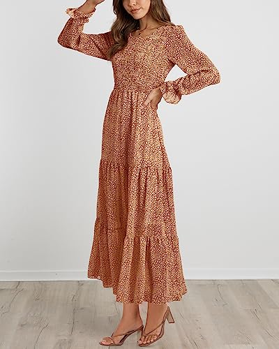 Btfbm Women Casual Long Sleeve Crew Neck Fall Dress Bohemian Relaxed Fit Floral Flowy Maxi Dresses Tiered Cocktail Dress（Floral Brown, X-Large #TOP7