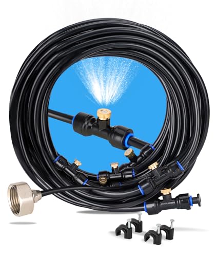 Image of UNCO- Misting System, 26 FT, 7 Brass Mist Nozzles, 3/4" Brass Adapter, Misters for Outside Patio, Misting System for Patio, Garden, Greenhouse, Trampoline, Porch