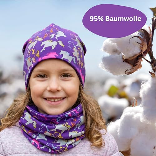 HECKBO Pferd Kinder Mütze & Schlauchschal – 360° Reflektor – Stretch – 2–8 Jahre – Mütze Schal Set Mädchen – Perfekt für Ponyhof, Stallwege & Outdoor-Mode (48–54 cm)