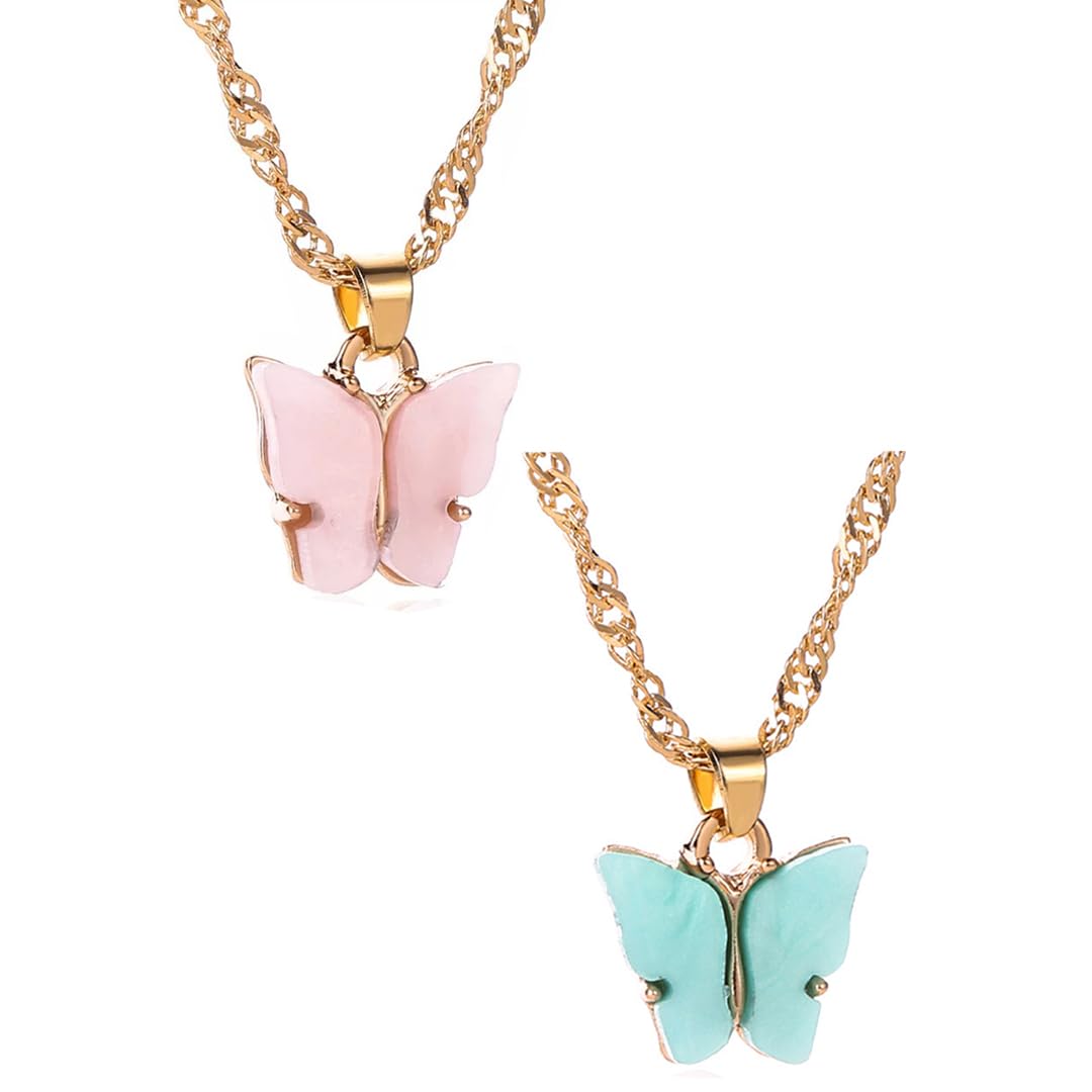 Vembley Combo of 2 Gold Plated Pink and Blue Mariposa Pendant