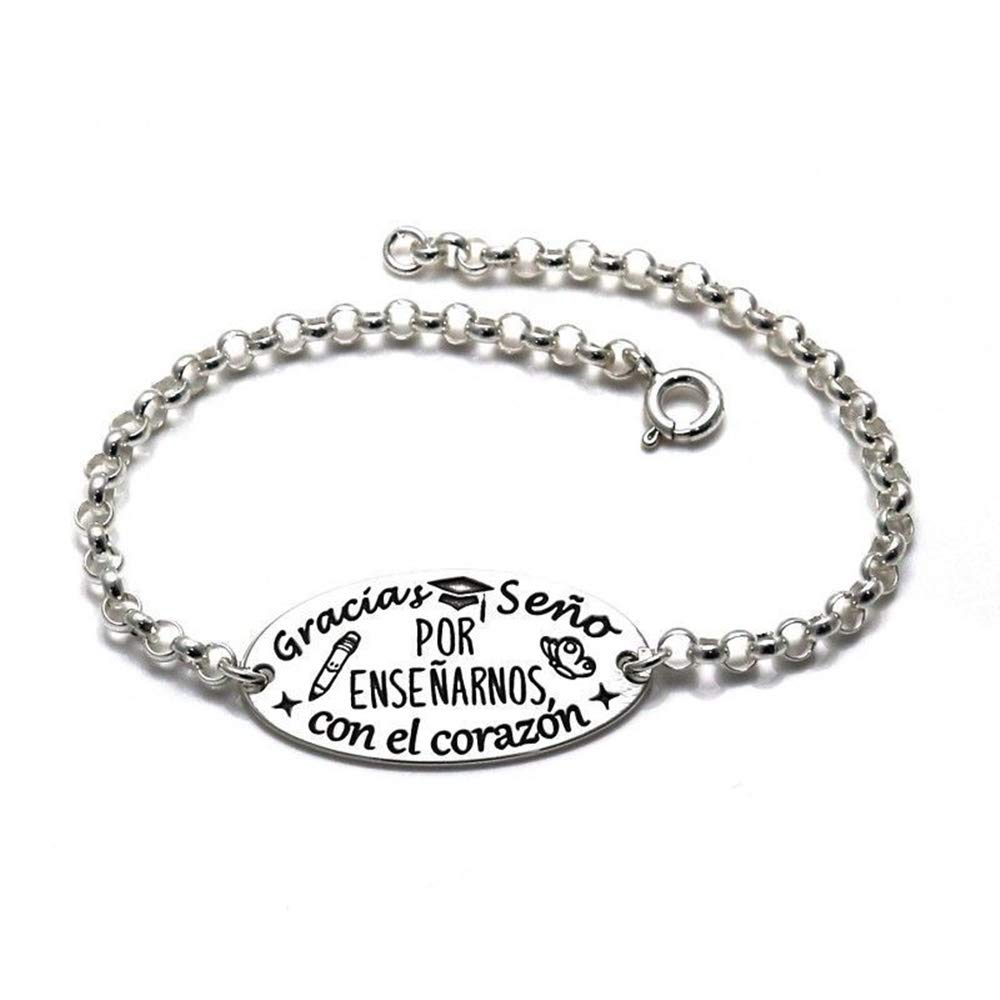 Pulsera de Plata con Mensaje para Regalar a profesoras Gracias seño por enseñarnos con el corazón Hacer maestras de guardería, Infantil o Primaria