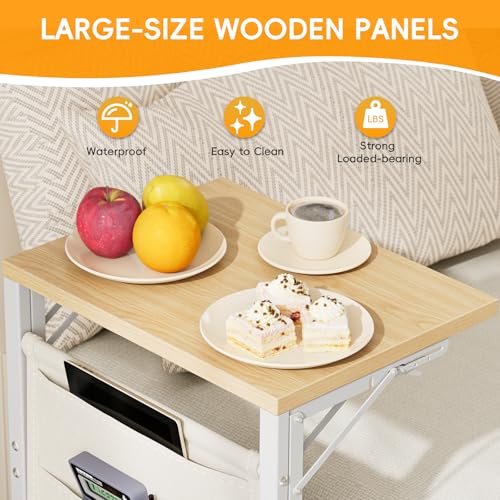 Image of Folding TV Tray Table, 28.8 inch Tall C-Shaped Side Table for Couch and Bed, Slide Under Sofa Side Desk with Storage Bag - Sturdy Metal Frame Tray for Living Room, Bedroom, Home & Office (Light Walnut)