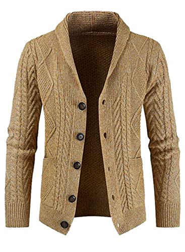 JMIERR Sweaters for Men Casual Long Sleeve Shawl Collar Button-UP Wool Blend Cable Knit Cardigan Sweater with Pockets Old Money Clothes,2XL,D Khaki