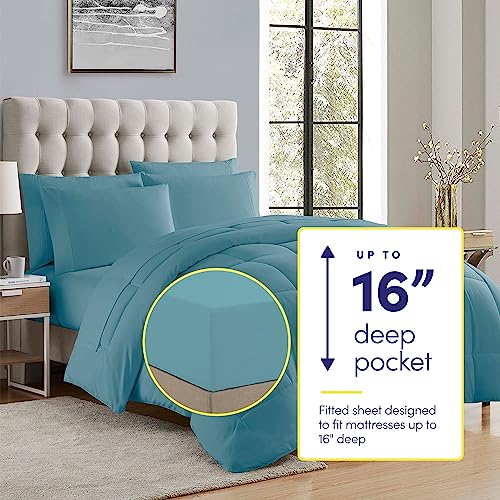 Sweet Home Collection 7 Piece Comforter Set Bag Solid Color All Season Soft Down Alternative Blanket & Luxurious Microfiber Bed Sheets, Misty Blue, Queen