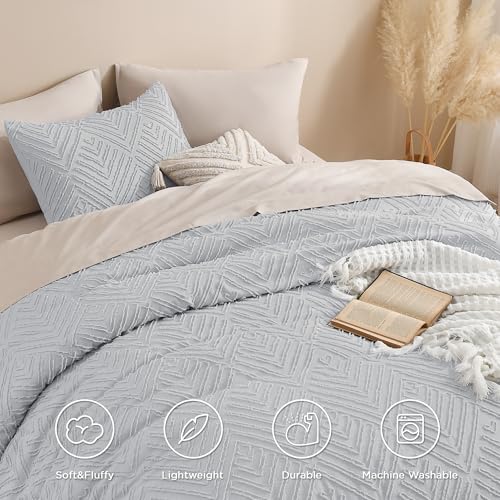 Image of Andency Light Grey Boho Queen Comforter Set, Lightweight Fluffy Bedding Comforter Sets for Queen Bed, 3 Pieces Tufted Farmhouse Shabby Chic Bed Set for All Seasons (1 Comforter 90x90In, 2 Pillowcases)