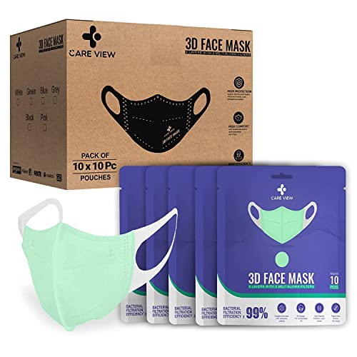 Image of CARE VIEW N95 3 Dimensional Disposable Face Mask Pouch with 4 Layered Filtration, SITRA and BIS(ISI) certified & Soft Spandex Non Woven Fabric Ear loop (MEDICAL GREEN, PACK OF 100)