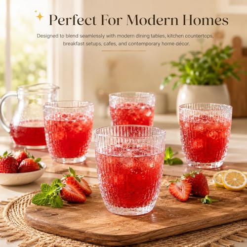 Image of bellemax 300ML Ribbed Drinking Glasses | Premium Clear Juice Glass Tumbler Set | Water, Soft Drinks, Mocktails, Cocktails, Cold Coffee & Beverage Glasses | Home & Kitchen Glassware(Set of 6)