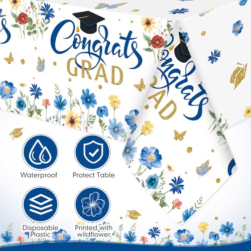 Image of Ganeen 3 Pcs Graduation Tablecloth Floral Class of 2026 Congrats Grad Table Cloths Blue Disposable Plastic Rectangle Table Cover for 2026 Graduation Decorations Grad Party Supplies, 54 x 108 Inch