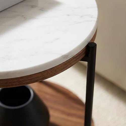 Miniatura 2 de Lyra - Mesa auxiliar redonda de mármol – Estante de madera de acacia maciza, mesa auxiliar de almacenamiento abierta para sala de estar, dormitorio,