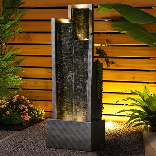 Modern OutdoorWater Fountain,49.6" H Outdoor Garden Water Fountains Cascading Floor - Standing Tall Waterfall Outdoor Feature with LED Lights for Patio, Backyard, Deck, Porch and Home Art Decor