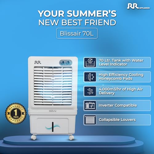 Image of RR BLISSAIR AIR COOLER 70 Ltr|Desert Air Cooler with High Air Delivery | Honeycomb Pads | 4-Way Air Deflection | Vertical Auto Swing | Castor Wheels | Inverter Compatibility |1 Year Warranty by RR