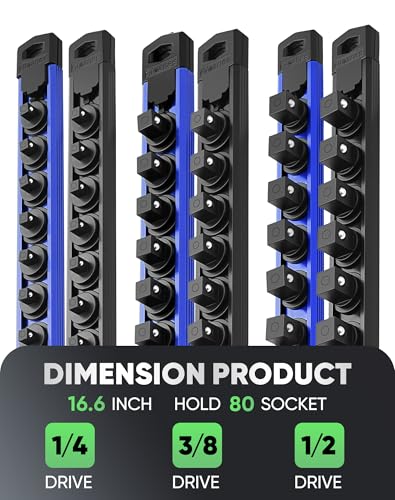 Image of ALOANES Magnetic Socket Organizer Set, 6PC Heavy Duty Aluminum Socket Holder Organizer, 360 Swivel Clips Socket Holder Kit for Toolbox Drawer Fit 1 /2, 3 /8, 1 /4-Inch x 80 Clips (Blue&Black, 6PC)