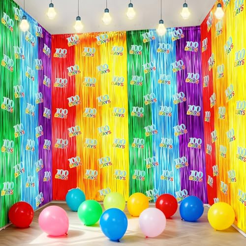 Bucherry 4 Pack 100th Day of School Backdrop Decoration 3.3x6.6 ft 100 Days Rainbow Foil Fringe Curtains Rainbow Banner Decoration Photography Background for School Party Supplies