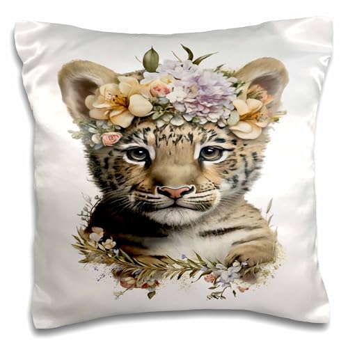 3dRose 16x16 inch Pillow Case - Floral Baby Tiger Illustration Illustrations