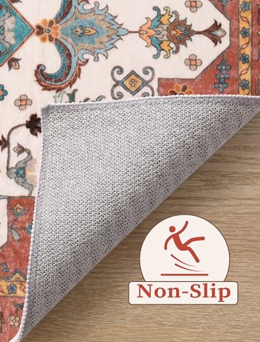 SERISSA Boho Washable Runner Rug, 2'6"x8' Non-Slip Vintage Orange Hallway Kitchen Runner Rug Ultra Soft Print Distressed Floor Carpet for Bedroom Bathroom Laundry Living Room