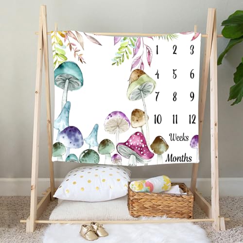 Image of Mushroom Theme Baby Monthly Milestone Blanket, Soft Flannel Watercolor Spring Tropical Eucalyptus Leaves Botanical Photography Prop Newborn Baby Shower Age Growth Tracker (Green Blue, 48x40in)