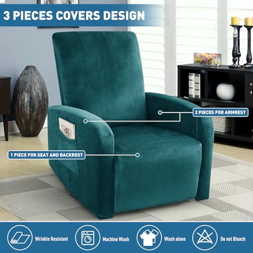 Image of ZNSAYOTX 2026 Velvet Small Recliner Cover 3-Piece, Luxury Plush Recliner Chair Covers with Elastic Band & Ties Stay in Place, Stretch Reclining Slipcover for Lazy Boy Soft Washable (Blackish Green)