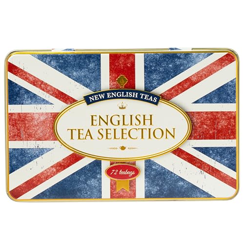 New English Teas Union Jack Flag Tin 72 Teabag Selection English Breakfast Earl Grey & English Afternoon Traditional British Tea Gift