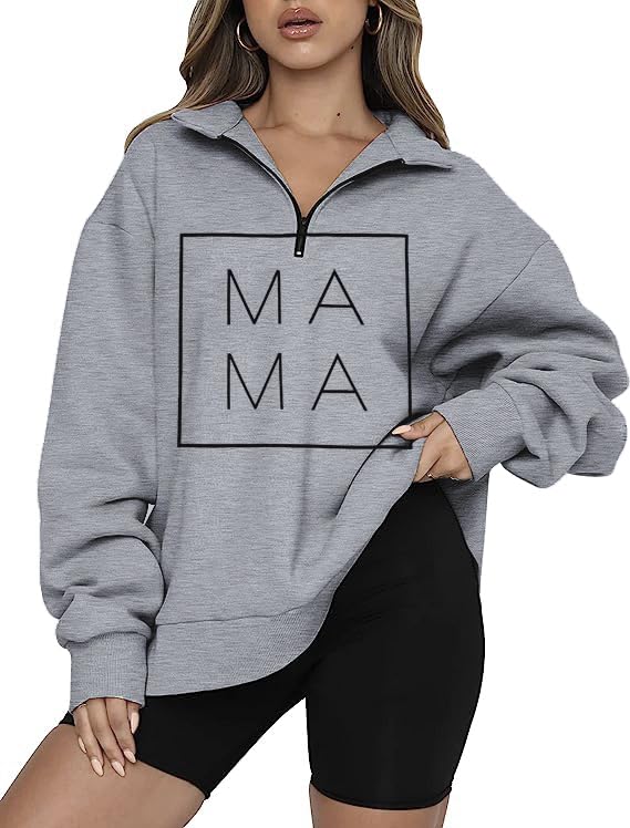 MNLYBABY Oversized Mama Sweatshirt Women Mom Life Print Half Zip Up Pullover Shirts Loose Crewneck Long Sleeve Tops