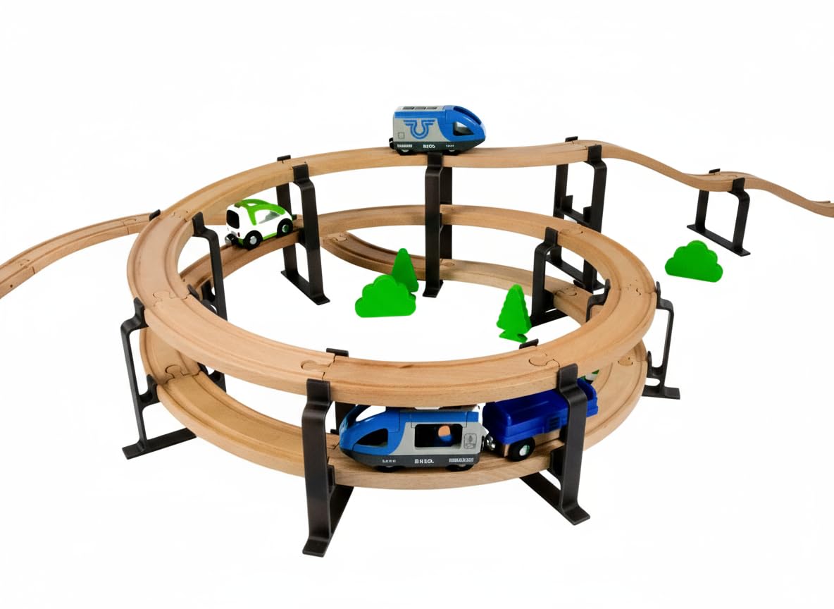 Briocks - Spiral Rail Mount for Wooden Train - Compatible with BRIO, Thomas, Lillabo, IKEA, Melissa & Doug, Oxybul, Playtive and Many More! (3 Levels - Black)